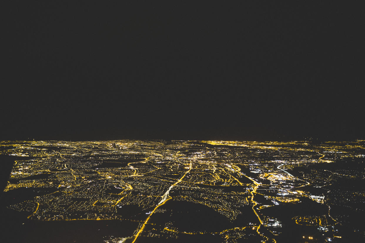 Ariel view of Newcastle Upon Tyne, UK at night.