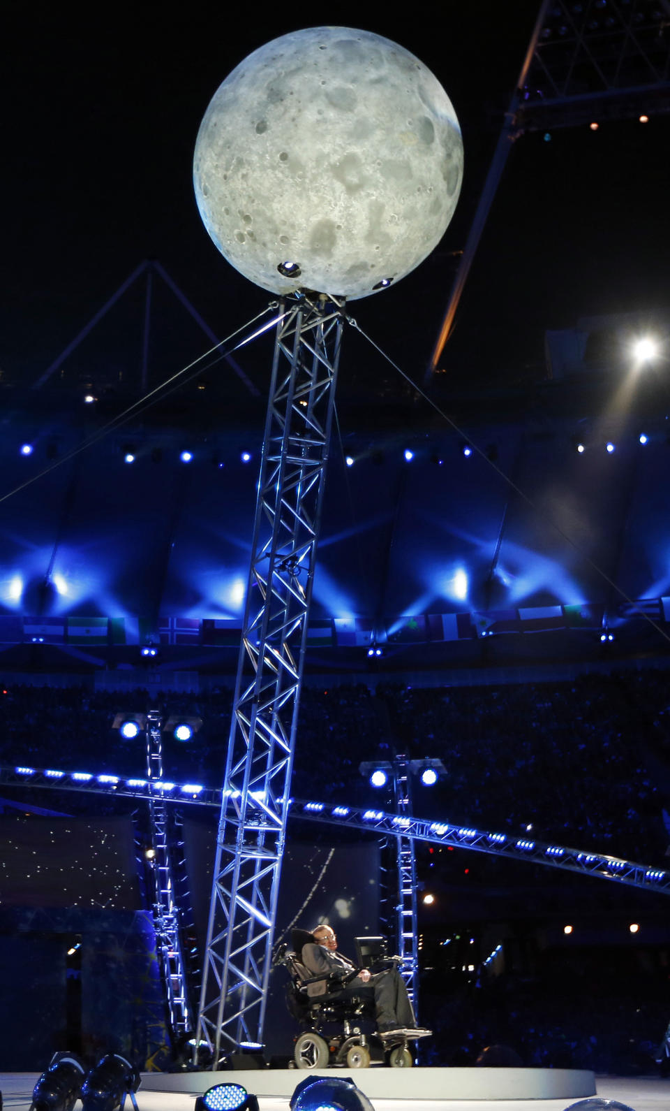 British physicist, Professor Stephen Hawking speaks during the Opening Ceremony for the 2012 Paralympics in London, Wednesday Aug. 29, 2012. (AP Photo/Matt Dunham)