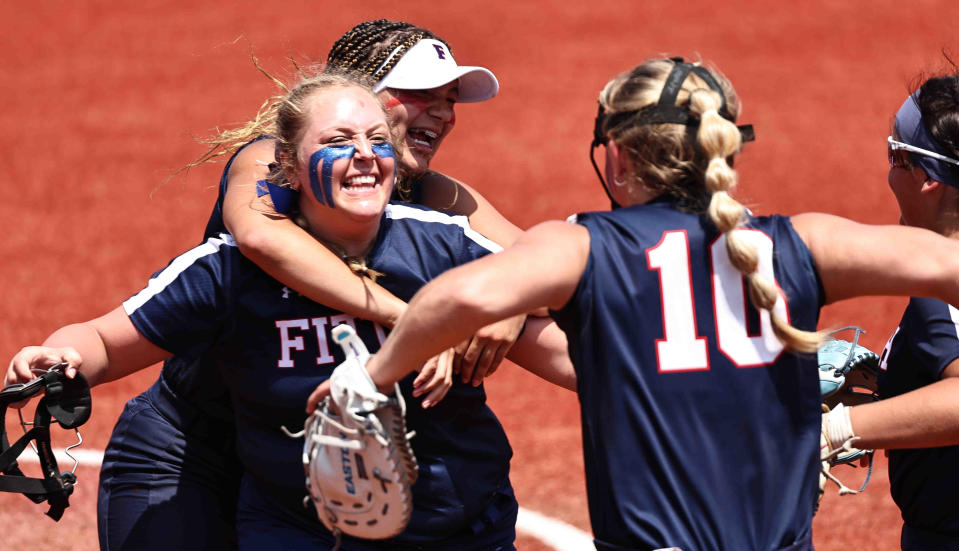 Austintown-Fitch pitcher Sydnie Watts (5) celebrates after throwing a no-hitter against Lebanon in the Division I state semifinals on Friday June 2, 2023.