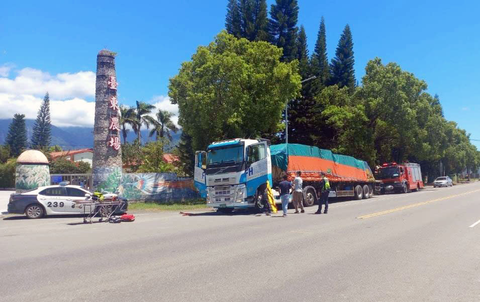 一輛貨運曳引車停台九線路旁，駕駛倒臥昏迷，消防人員破窗實施急救，送醫仍告不治。（記者鄭錦晴翻攝）