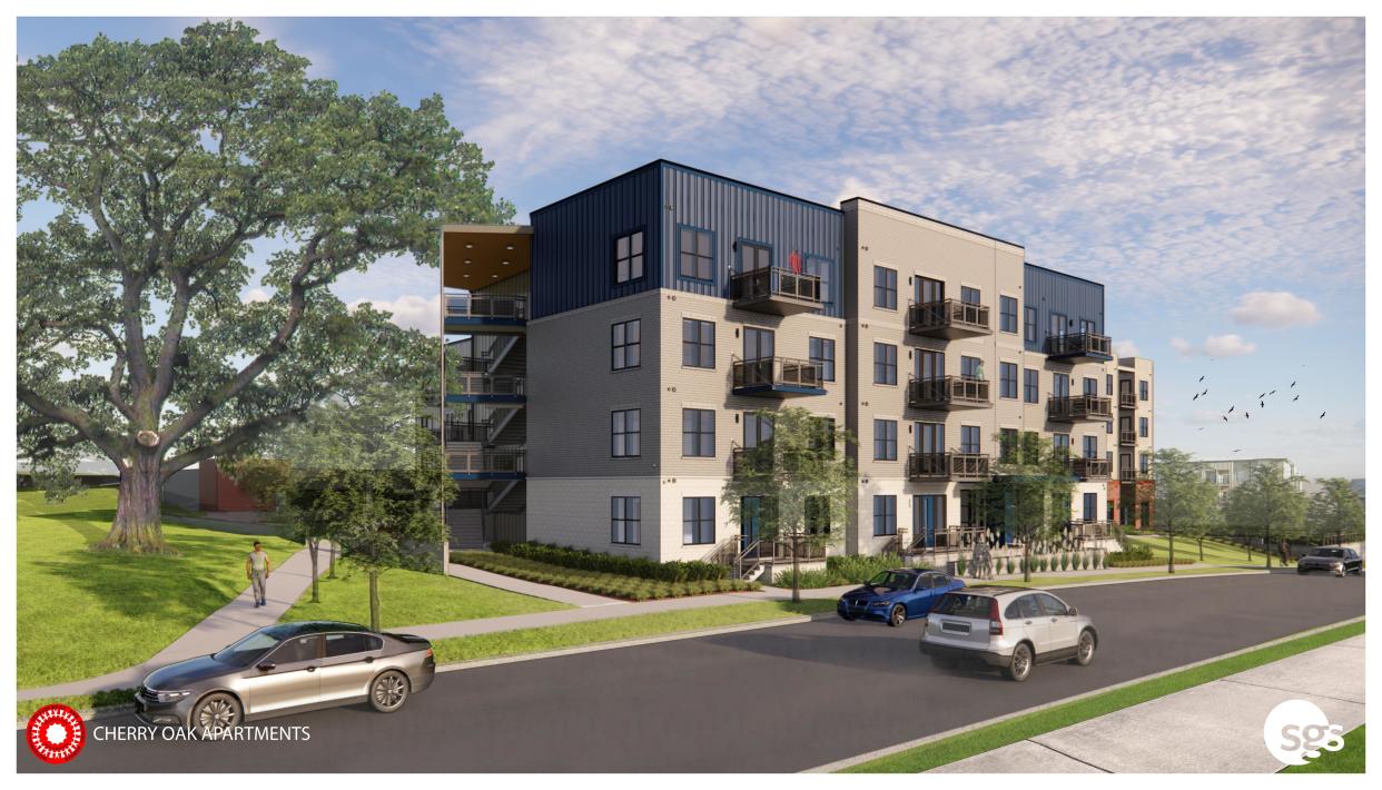 Renderings show design plans for the 96-unit mixed-income Cherry Oak Apartments development next to the Metropolitan Development and Housing Agency's headquarters in East Nashville.