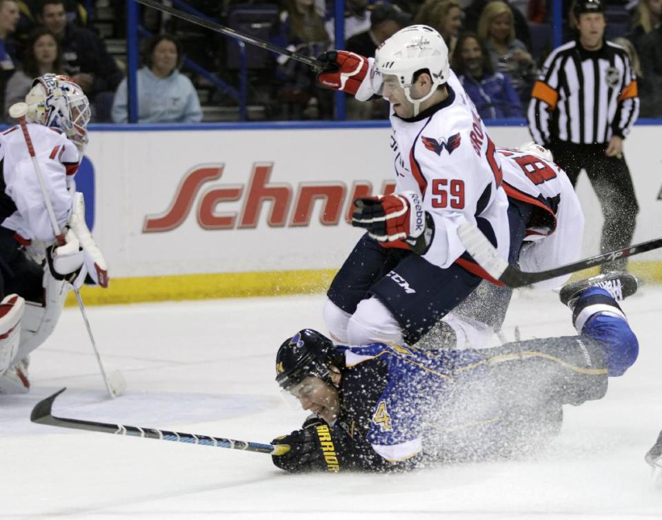 St. Louis Blues' T.J. Oshie (74) slides across the ice as he trips up Washington Capitals' Julien Brouillette (59) during the second period of an NHL hockey game, Tuesday, April 8, 2014, in St. Louis.(AP Photo/Tom Gannam)