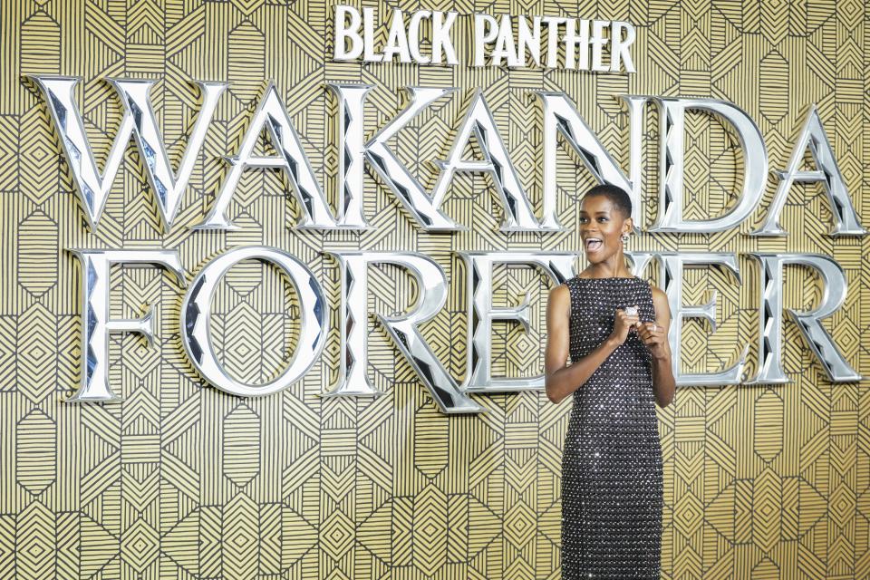 Letitia Wright poses for photographers upon arrival for the premiere of the film 'Black Panther: Wakanda Forever' in London, Thursday, Nov. 3, 2022. (Photo by Scott Garfitt/Invision/AP)