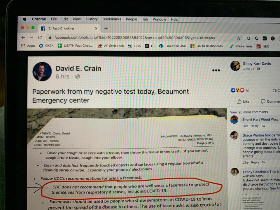 A viral Facebook post shows discharge paperwork from a Beaumont, Texas, medical center with outdated CDC guidance on masks. The center has acknowledged the guidelines are not current, and the original post has been deleted. Yet the image has spread wildly.