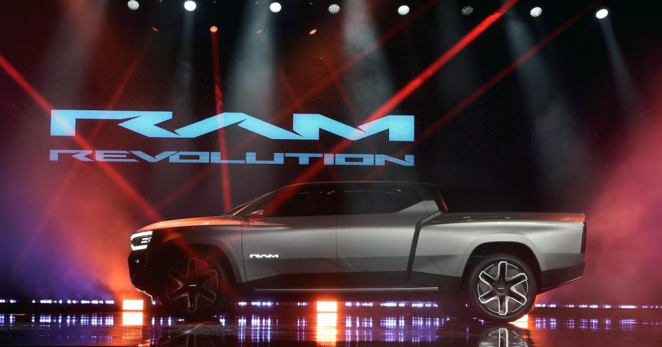 Stellantis’ Ram 1500 Revolution battery-electric concept pickup truck was on display in January 2023 at a trade show in Las Vegas. <a href="https://www.gettyimages.com/detail/news-photo/stellantis-ram-1500-revolution-battery-electric-concept-news-photo/1454496551?adppopup=true" rel="nofollow noopener" target="_blank" data-ylk="slk:Ethan Miller/Getty Images;elm:context_link;itc:0;sec:content-canvas" class="link ">Ethan Miller/Getty Images</a>