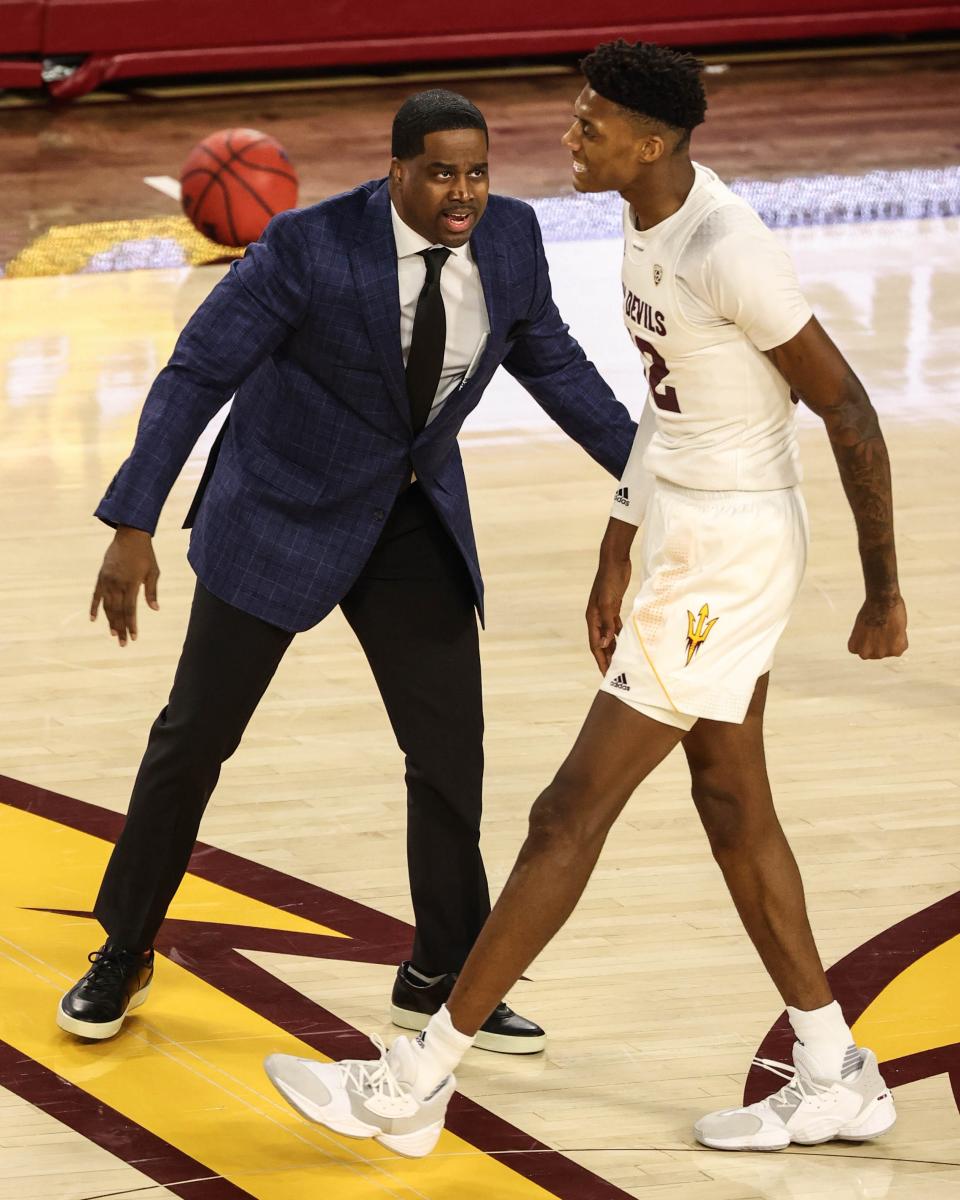 Arizona State Sun Devils Associate Head Coach Jermaine Kimbrough talks to a player during a game at Desert Financial Arena in Tempe.