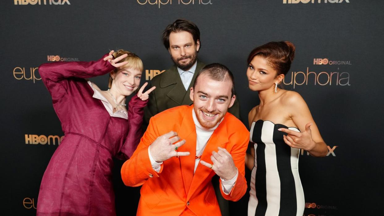 los angeles, california january 05 l r hunter schafer, sam levinson, angus cloud, and zendaya attends hbos euphoria season 2 photo call at goya studios on january 05, 2022 in los angeles, california photo by jeff kravitzfilmmagic for hbo