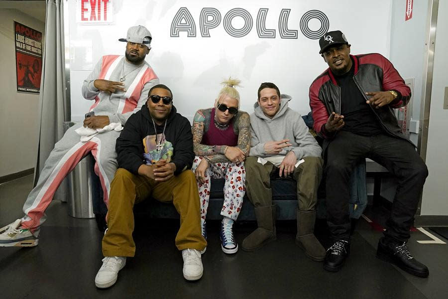 (Left to Right) Ghostface Killah, Kenan Thompson, Colton Baker (Machine Gun Kelly), Pete Davidson, Sheek Louch at the “Bupkis” premiere. (Courtesy Peacock)