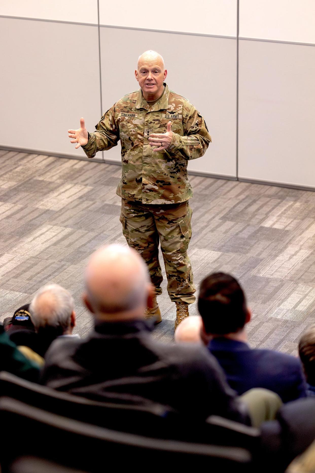 On March 29, Maj. Gen. Christopher Callahan, commanding officer of the R.I. National Guard and R.I. adjutant general, presents a briefing to retired senior members of the Guard at the Camp Fogarty headquarters.