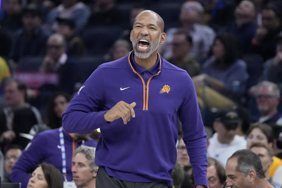 Phoenix Suns head coach Monty Williams reacts toward players during the first half of the team's NBA basketball game against the Golden State Warriors in San Francisco, Monday, March 13, 2023. (AP Photo/Jeff Chiu)