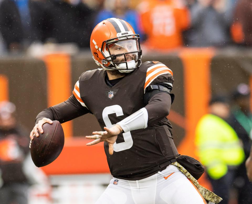 Cleveland Browns quarterback Baker Mayfield throws the ball against the Detroit Lions during the first quarter at FirstEnergy Stadium, Nov. 21, 2021.