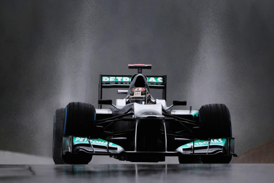 SPA FRANCORCHAMPS, BELGIUM - AUGUST 31: Michael Schumacher of Germany and Mercedes GP drives during practice for the Belgian Grand Prix at the Circuit of Spa Francorchamps on August 31, 2012 in Spa Francorchamps, Belgium. (Photo by Mark Thompson/Getty Images)