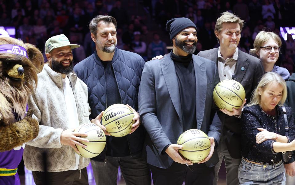 Former Utah Jazz players Deron Williams, Mehmet Okur, Carlos Boozer and Andrei Kirilenko attend the Jazz game in Salt Lake City on Thursday, Feb. 22, 2024. | Jeffrey D. Allred, Deseret News