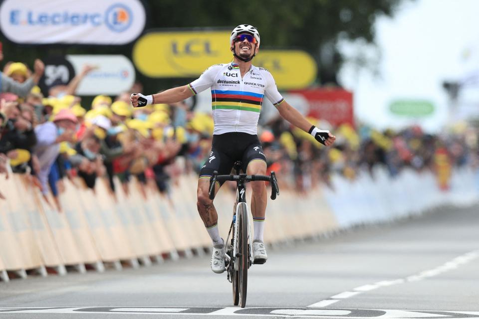 Julian Alaphilippe celebrates as he crosses the line (Getty)