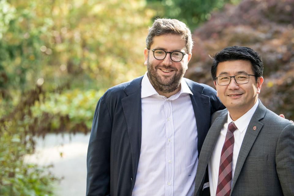 This undated photo shows from left, Jefferey Schottenstein and Dr. Luan Phan. Schottenstein and his parents gave $10 million to Ohio State University for a program to bolster students’ mental health spearheaded by Phan. The gift grew out of Schottenstein’s own struggle with depression and anxiety his first year at the university. (Courtesy of Jefferey Schottenstein via AP)