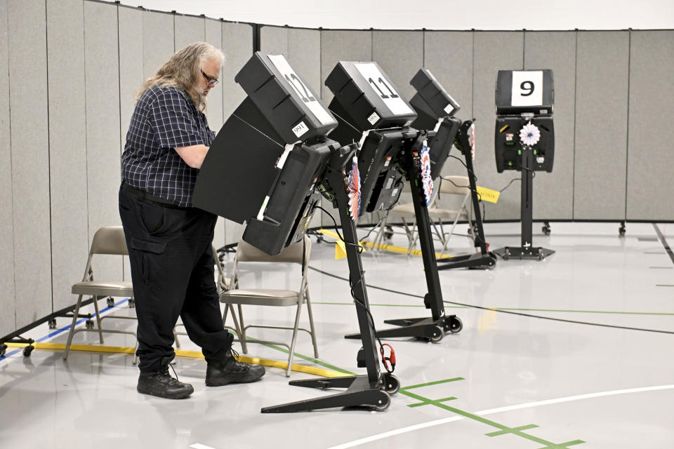 Kevin Doffin casts his vote at Elmdale Baptist Church Tuesday March 5, 2024, in Springdale, Ark. Super Tuesday elections are being held in 16 states and one territory. Hundreds of delegates are at stake, the biggest haul for either party on a single day. (AP Photo/Michael Woods)