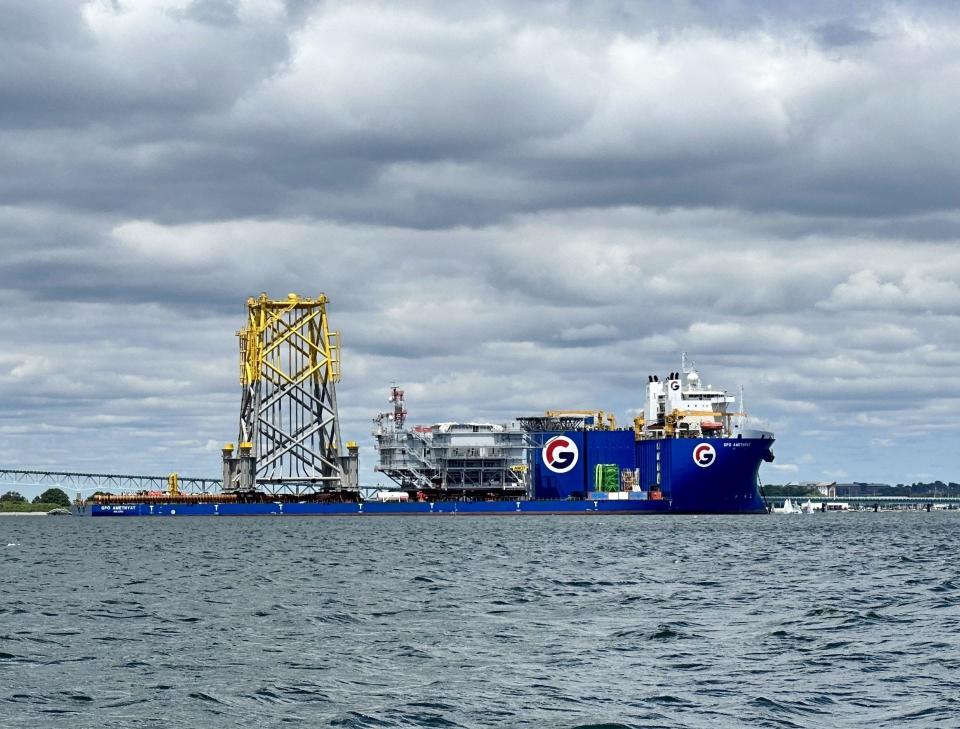 The GPO Amethyst transports equipment from Narragansett Bay, near Newport, to the Vineyard Wind Farm site south of Martha's Vineyard.