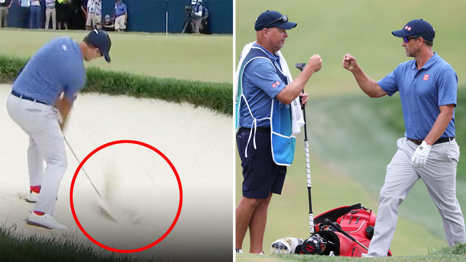 Seen here, Adam Scott's clutch bunker shot to save par at the 18th and final hole of the BMW Championship.