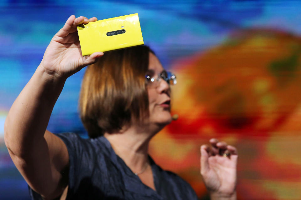 NEW YORK, NY - SEPTEMBER 05: Jo Harlow, Nokia's executive vice president for smart devices, displays the new Nokia Lumia 920 smartphone during a joint event with Microsoft on September 5, 2012 in New York City. The new Nokia phones are the first smartphones built for Windows 8. Analysts see the new phones as Nokia's last chance to compete with fellow technology companies Apple and Samsung in the lucrative smartphone market. (Photo by Spencer Platt/Getty Images)