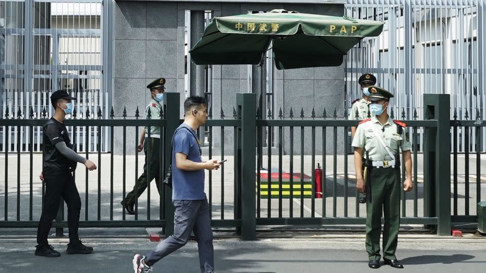 Security officers in front of the Japanese embassy in Beijing, China, on August 26, 2023. - Kyodo News/Getty Images