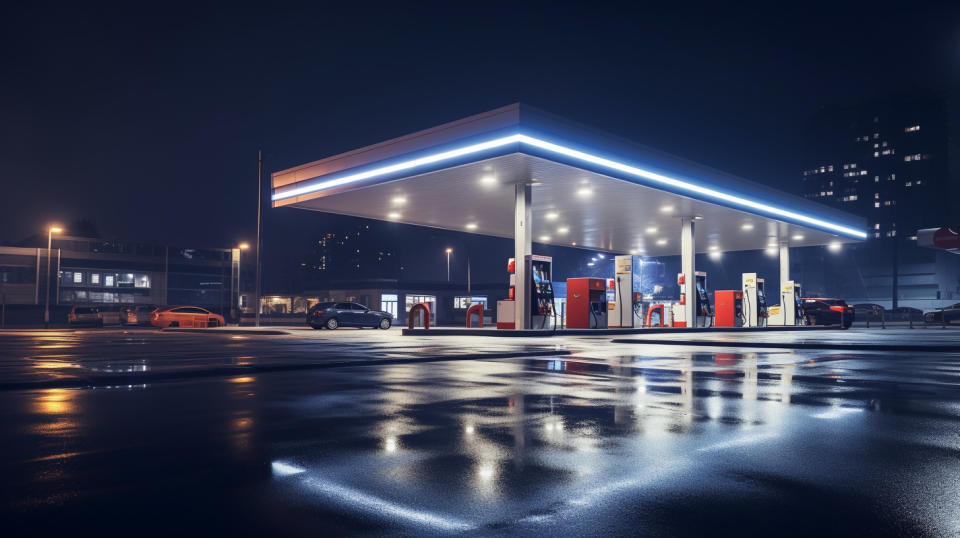 An exterior view of an illuminated gas station at night, surrounded by cars.