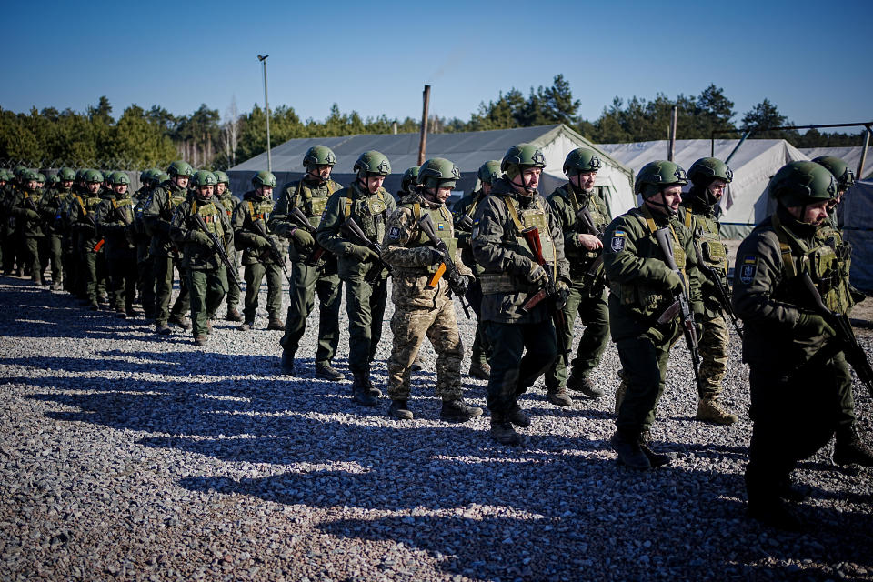 Soldiers of the Ukrainian National Guard are being trained for combat at a military training ground outside the capital of Kyiv on Feb. 23, 2023.  / Credit: Kay Nietfeld/picture alliance via Getty Images