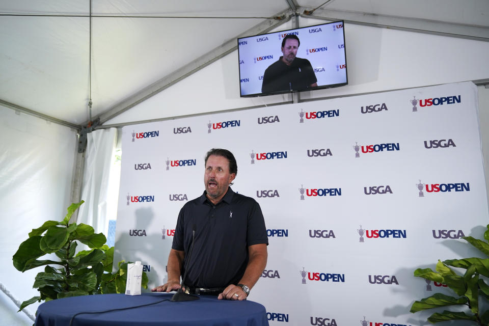 Phil Mickelson speaks at a press conference, Monday, June 13, 2022, at The Country Club in Brookline, Mass., ahead of the U.S. Open golf tournament. (AP Photo/Robert F. Bukaty)