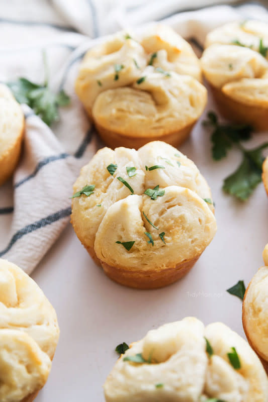 <p>Tidymom</p><p>A can of biscuits turns into delicious, flaky, buttery garlic rolls in just a few simple steps. Making these rolls the perfect complement to any meal.</p><p><strong>Get the Recipe:</strong> <a href="https://tidymom.net/pull-apart-garlic-rolls/" rel="nofollow noopener" target="_blank" data-ylk="slk:Easy Pull-Apart Garlic Rolls;elm:context_link;itc:0;sec:content-canvas" class="link "><strong>Easy Pull-Apart Garlic Rolls</strong></a></p>