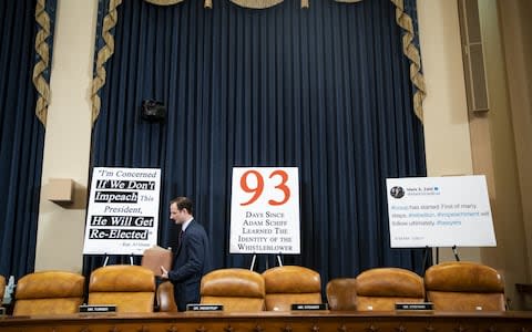 Republicans position signs behind their desk - Credit: Al Drago/Bloomberg