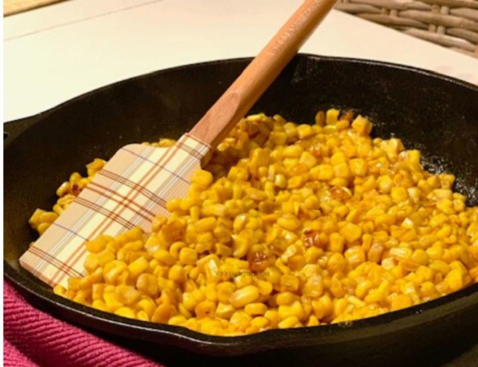 <p>Our Good Life</p><p>An easy side dish and no worries if you don't have fresh corn, frozen works great too!</p><p><strong>Get the recipe: <a href="https://www.terristeffes.com/2019/10/hot-honey-skillet-corn.html" rel="nofollow noopener" target="_blank" data-ylk="slk:Hot Honey Skillet Corn;elm:context_link;itc:0;sec:content-canvas" class="link ">Hot Honey Skillet Corn</a></strong></p>