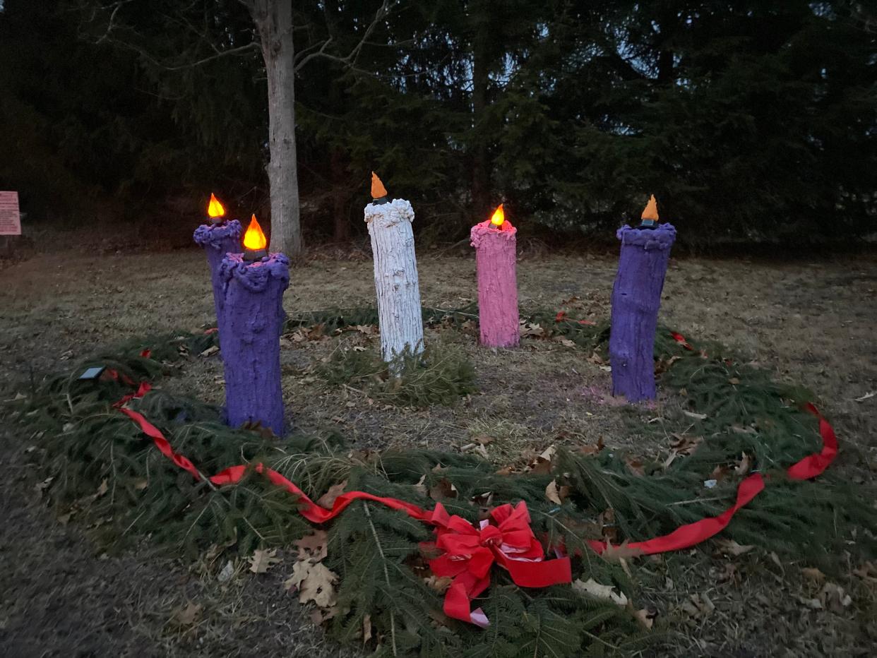 Canaan Acres' life-size Advent wreath is on display near the entrance to the Nimishillen Township campground. The candles in the wreath are logs, and the lights are solar.