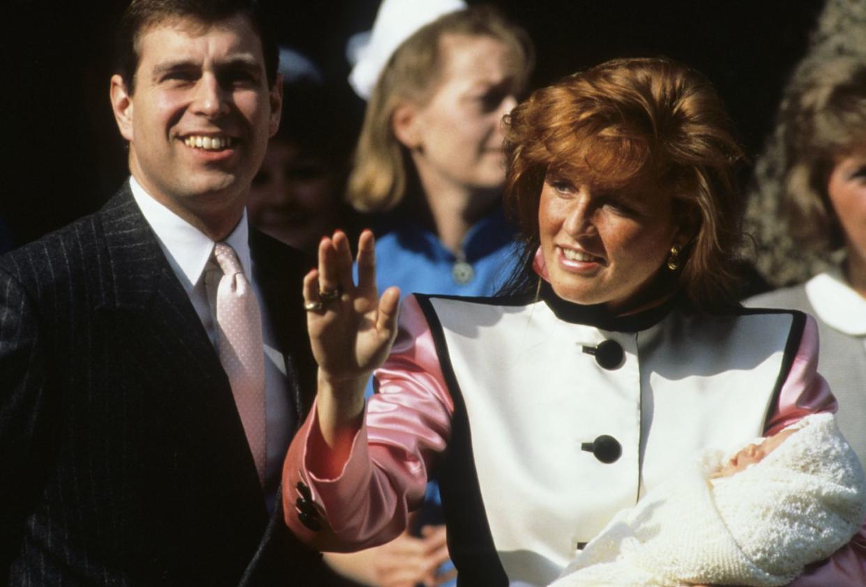 Prince Andrew, Duke of York and Sarah, Duchess of York leave the Portland Hospital with the newborn Princess Eugenie.