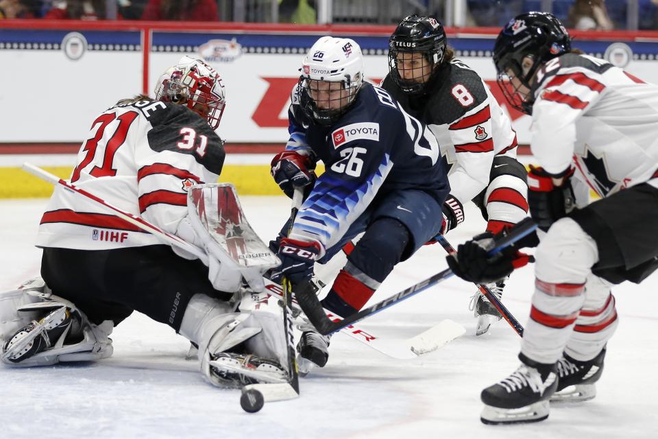 Canada's Geneviève Lacasse (31) blocks a shot by United States' Kendall Coyne Schofield (26) during the third period of a rivalry series women's hockey game in Hartford, Conn., Saturday, Dec. 14, 2019. (AP Photo/Michael Dwyer)