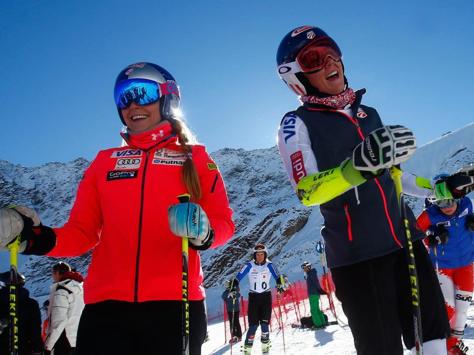 Mikaela Shiffrin (right) and Lindsey Vonn after competing at a 2015 World Cup in Soelden, Austria.