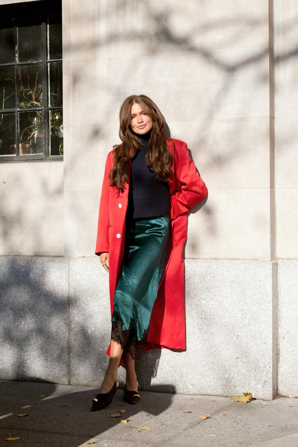 Interior NYC coat. Theory sweater. Philip Lim dress. Fossil ring. Mejuri ring. Stone and Strand ring. Pandora ring. Tory Burch heels.