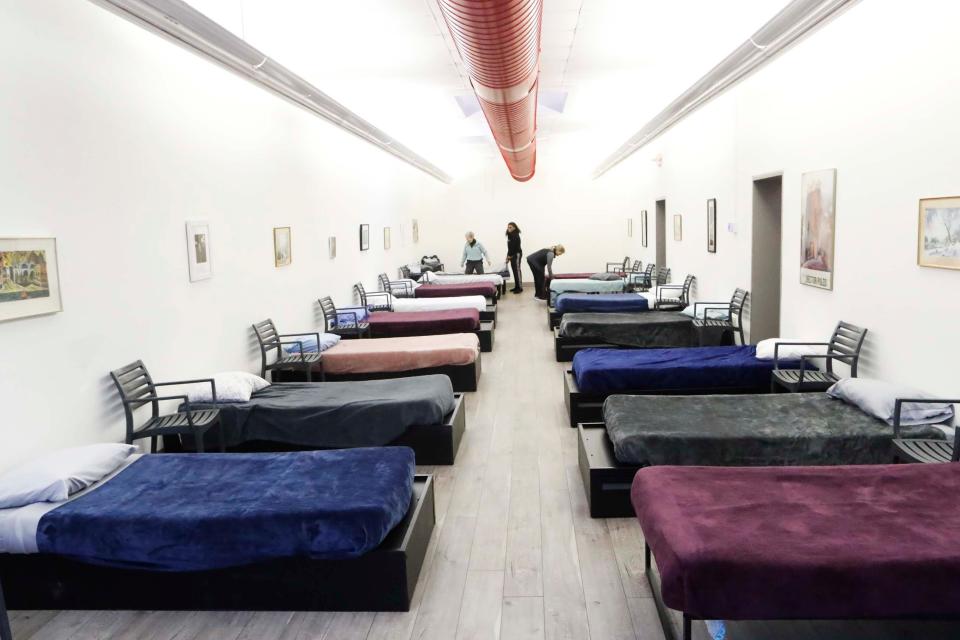 Three Memphis congregations come together increase their role in providing a safe space with amenities to the homeless at the former site of Hospitality Hub, which now a ‘Room at the Inn Facility’ . The sleeping area inside the facility can be seen on November 10, 2023 in Downtown Memphis, Tenn.