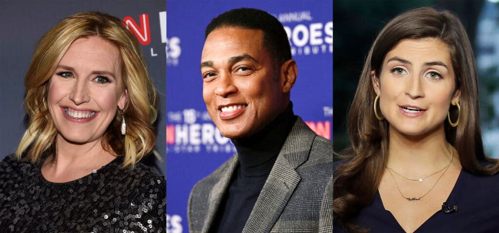 From left: “CNN Newsroom” host Poppy Harlow, CNN news anchor Don Lemon and CNN White House correspondent Kaitlan Collins. (AP Photo)