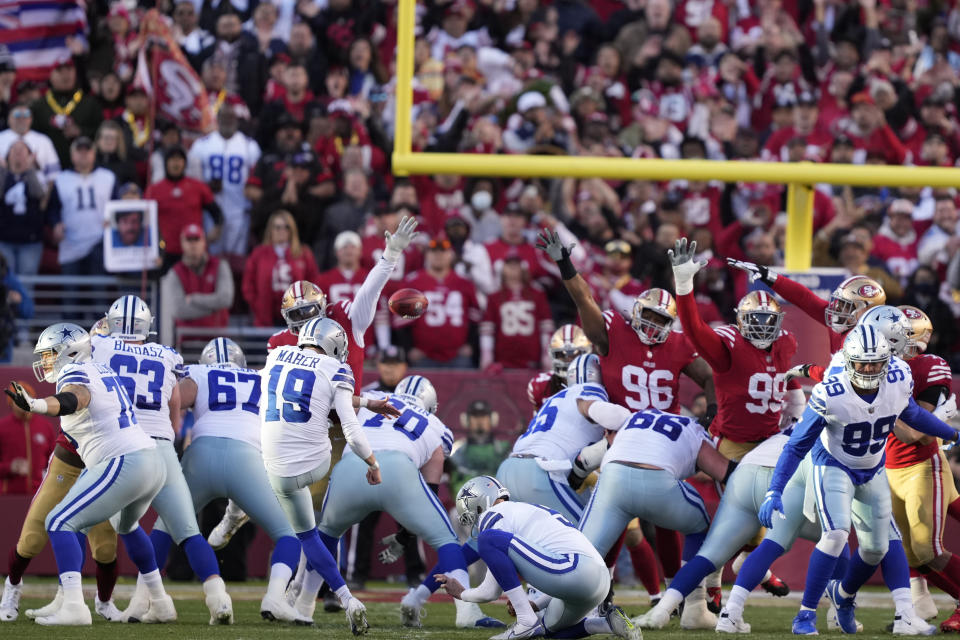 Dallas Cowboys place kicker Brett Maher (19) has a point after try blocked by San Francisco 49ers' Samson Ebukam during the first half of an NFL divisional round playoff football game in Santa Clara, Calif., Sunday, Jan. 22, 2023. (AP Photo/Tony Avelar)