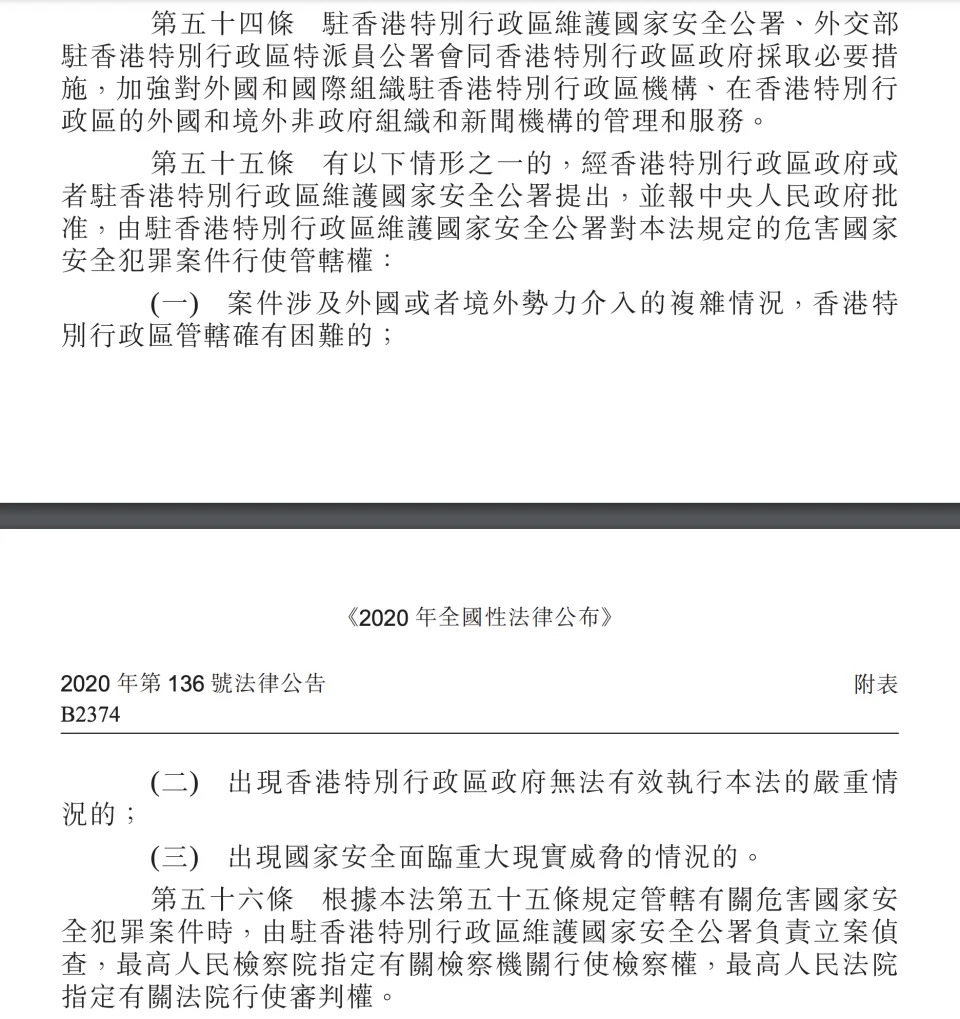 《香港國安法》第 54 至 56 條條文（點擊圖片可放大）