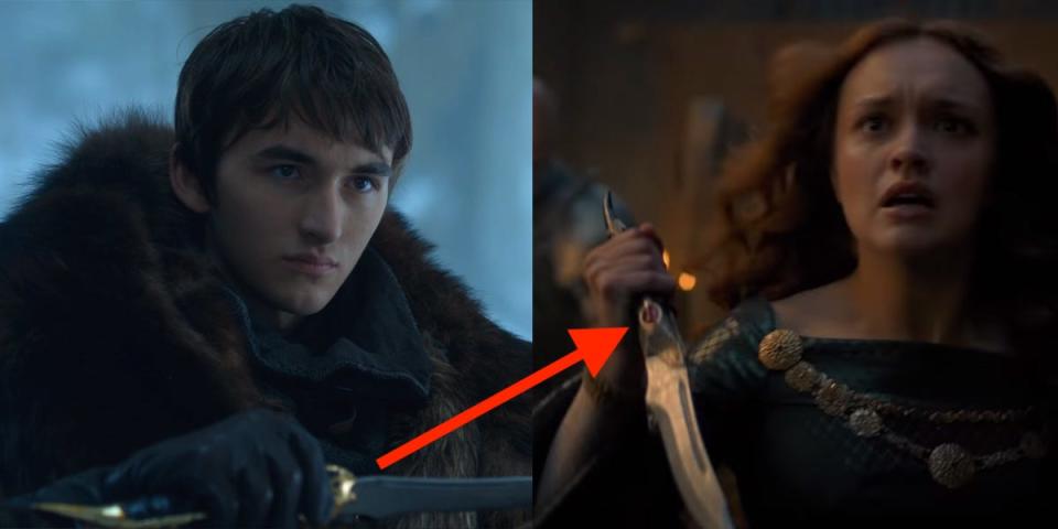 A side by side image of Bran Stark (a young man with short brown hair) holding a dagger, and Alicent Hightower (a young woman with long reddish brown hair) holding the same dagger.