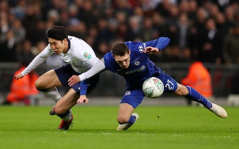 Heung-Min Son of Tottenham Hotspur battles for possession with Andreas Christiansen of Chelsea during the Carabao Cup Semi-Final - Credit: GETTY IMAGES