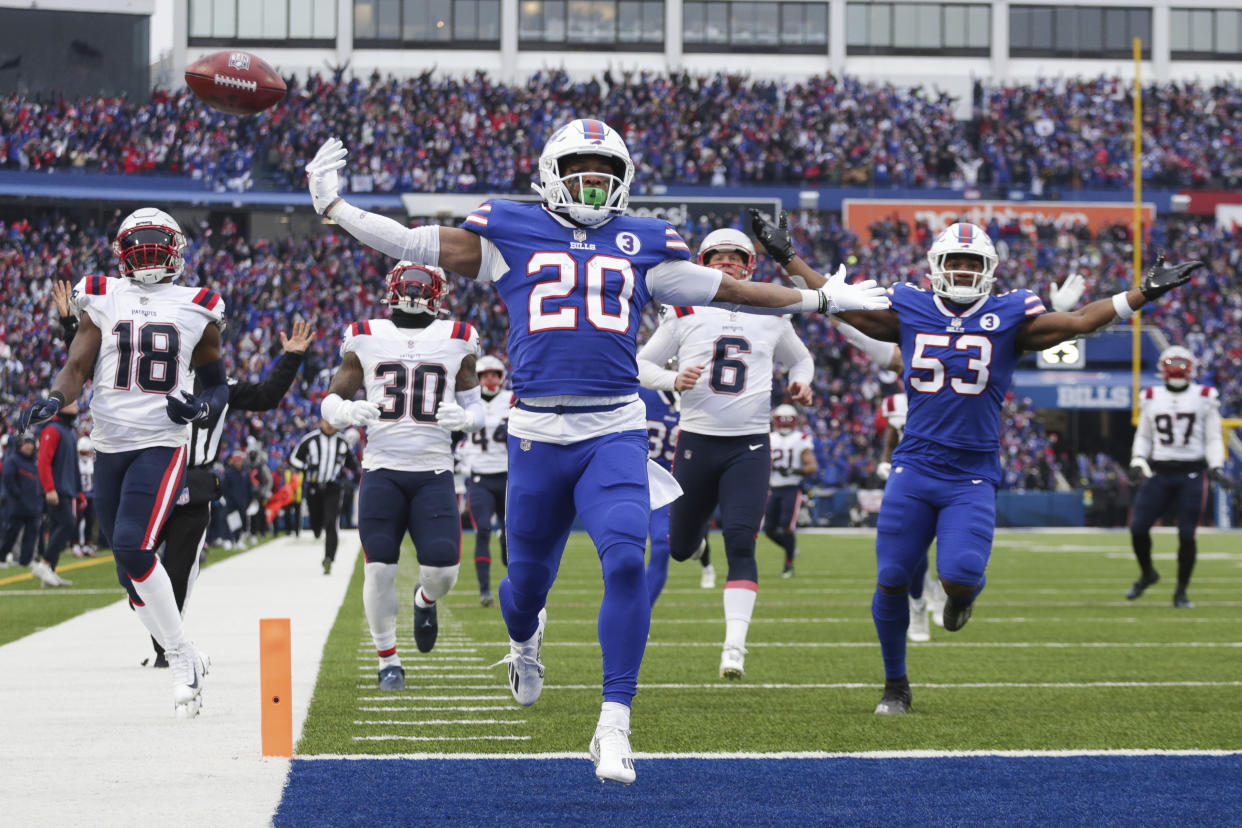Six days after Damar Hamlin's cardiac arrest, Nyheim Hines returned the opening kickoff for a touchdown, then returned another one in what the Bills described afterward in spiritual terms. (AP Photo/Joshua Bessex)