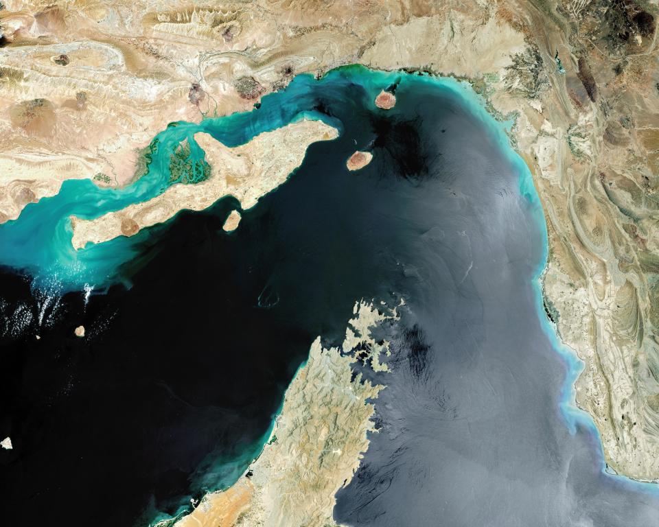 Satellite image of the Strait of Hormuz, a strategic maritime choke point with Iran situated at the top with Qeshm Island and the United Arab Emirates to the South. Imaged 24 May 2017. / Credit: Gallo Images / Getty Images
