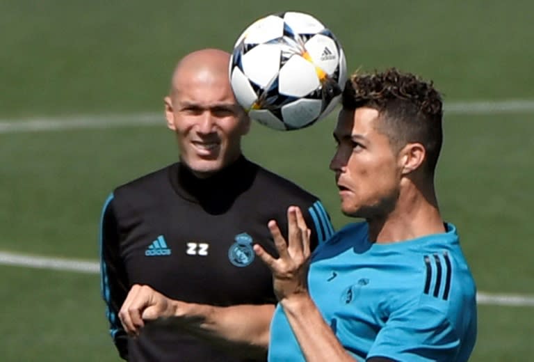 Real coach Zinedine Zidane watches Cristiano Ronaldo in training ahead of this weekend's final