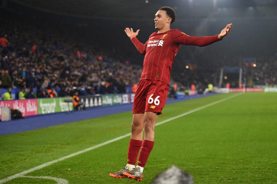 Liverpool's English defender Trent Alexander-Arnold celebrates after scoring their fourth goal during the English Premier League football match between Leicester City and Liverpool at King Power Stadium in Leicester, central England on December 26, 2019. (Photo by Oli SCARFF / AFP) / RESTRICTED TO EDITORIAL USE. No use with unauthorized audio, video, data, fixture lists, club/league logos or 'live' services. Online in-match use limited to 120 images. An additional 40 images may be used in extra time. No video emulation. Social media in-match use limited to 120 images. An additional 40 images may be used in extra time. No use in betting publications, games or single club/league/player publications. /  (Photo by OLI SCARFF/AFP via Getty Images)