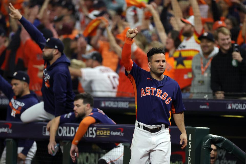 Jose Altuve celebrates Alex Bregman's fifth inning home run in Game 2.