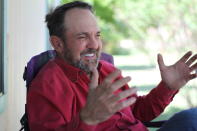 Otero County Commissioner Couy Griffin, the founder of Cowboys for Trump, discussed his past and future in politics from the porch of a tidy double-wide trailer in Tularosa, N.M., on Wednesday, May 12, 2021. Griffin is reviled and revered in politically conservative Otero County as he confronts criminal charges for joining protests on the steps of the U.S. Capitol on Jan. 6. Griffin is fighting for his political future amid a recall initiative and state probes into his finances. (AP Photo/Morgan Lee)