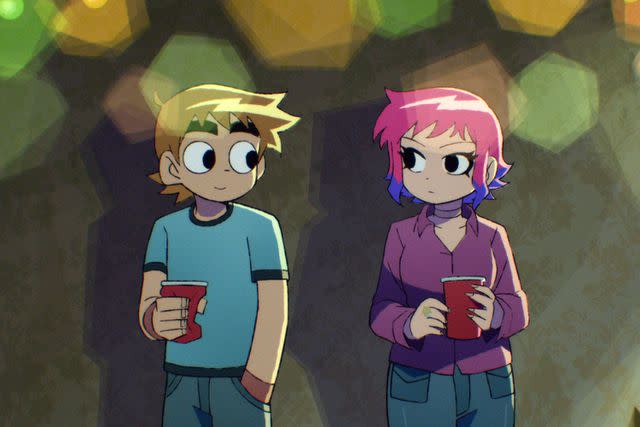 <p>Netflix</p> Scott Pilgrim (voiced by Michael Cera) and Ramona Flowers (voiced by Mary Elizabeth Winstead) in Netflix's <em>Scott Pilgrim Takes Off</em> (2023)