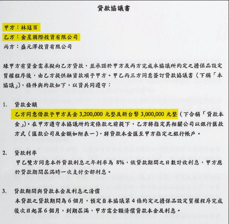 謝國樑出示與時任德信證券董事長林冠百的合約，強調雙方是單純借貸。（謝國樑提供）