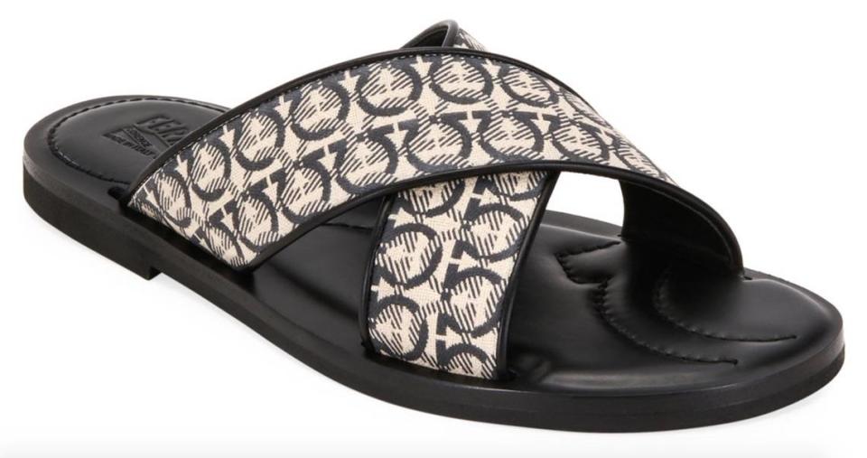 Salvatore Ferragamo Sion 3 Gancio print slides, $560. Salvatore Ferragamo at Bal Harbour Shops. 9700 Collins Avenue; 305-866-8166.